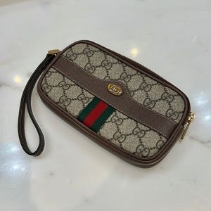 Authentic Gucci Ophidia GG Supreme Monogram Phone Case Wristlet Brown